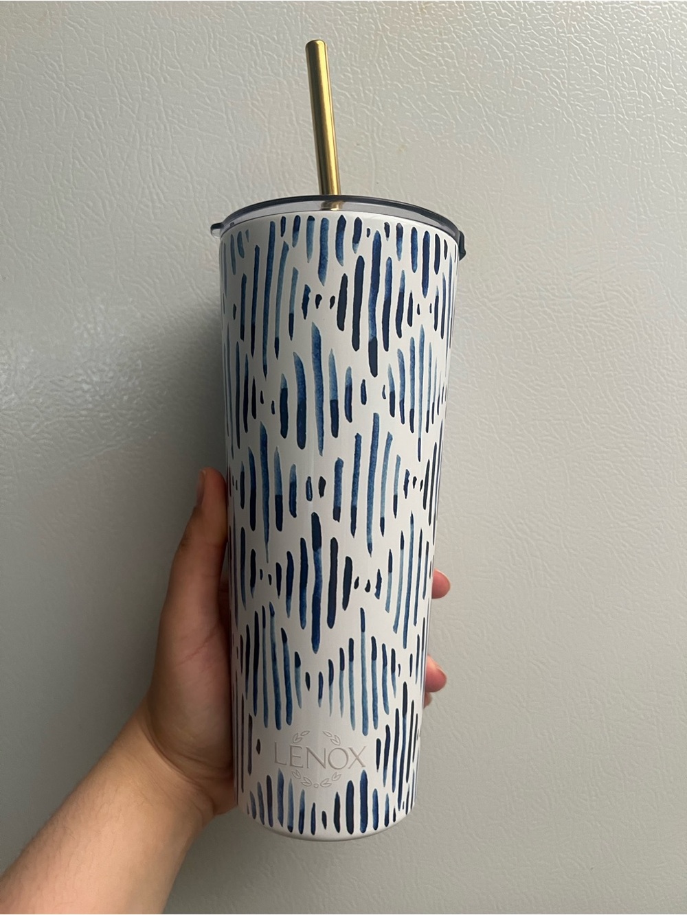 Lenox White Steel Tumbler with Blue Brushstroke Pattern and Gold Straw